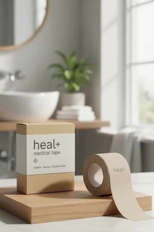 Premium medical tape roll with elegant packaging, minimalist studio shot