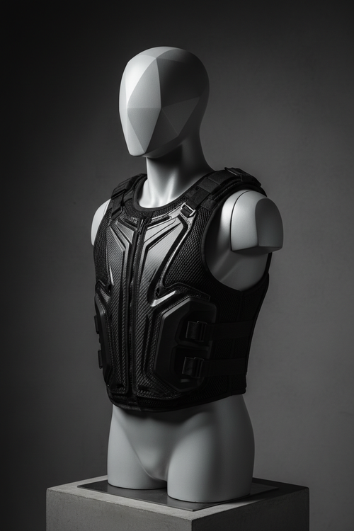 Premium black protective sports vest on minimalist grey mannequin, dramatic lighting