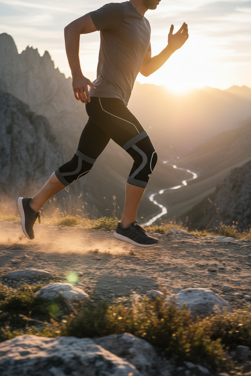 Runner on mountain trail wearing black and grey orthopedic knee sleeve, golden hour