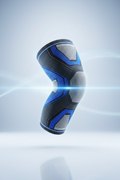 Premium knee compression sleeve floating in studio, blue and silver lighting