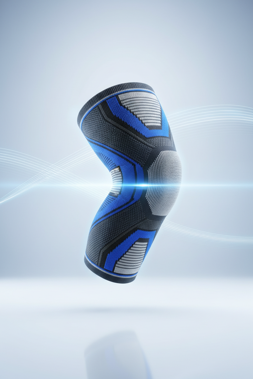 Premium knee compression sleeve floating in studio, blue and silver lighting