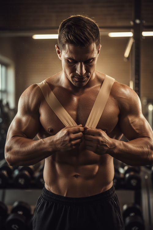Fitness athlete applying sports tape to shoulder, cinematic action shot