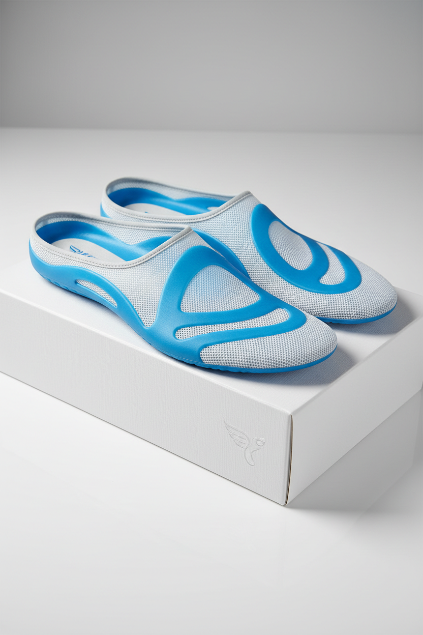 Luxury product shot of high-tech orthopedic insoles with blue polymer core on white box